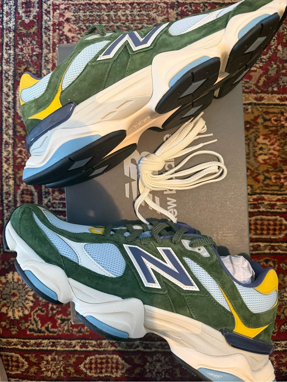 New Balance 9060 Dark Alpine Green, Blue & Yellow Athletic Sneakers